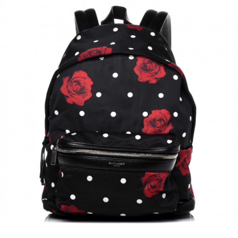 Saint Laurent Black Satin Rose Print Mini Backpack